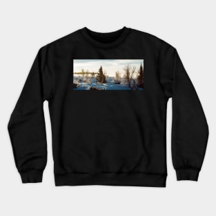 White Scandinavian Winter Landscape With Mysterious Fog on Sunny Crewneck Sweatshirt